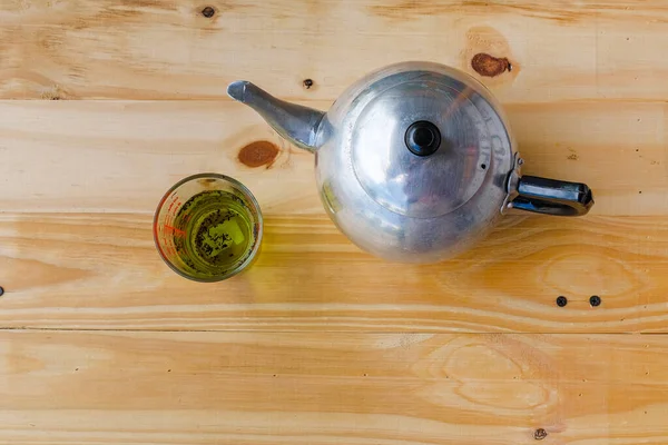 Cup Green Tea Teapot White Wooden Table Background — Stockfoto