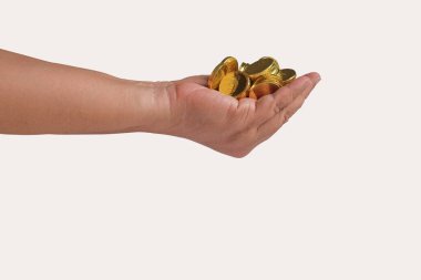 Golden coins money  in hand on background.