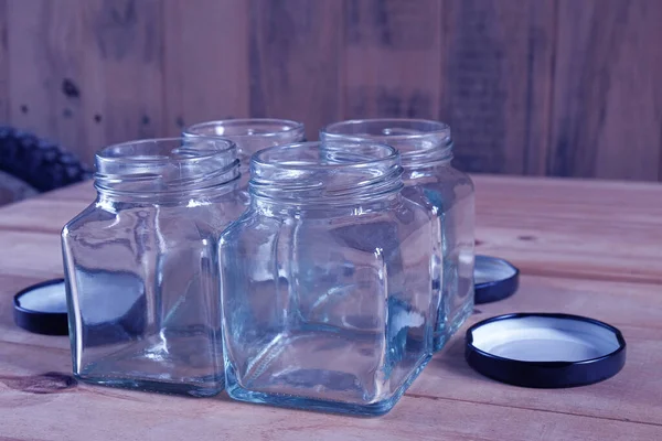 Empty Jam Jar Bottles Wood Table Background — Stock Photo, Image