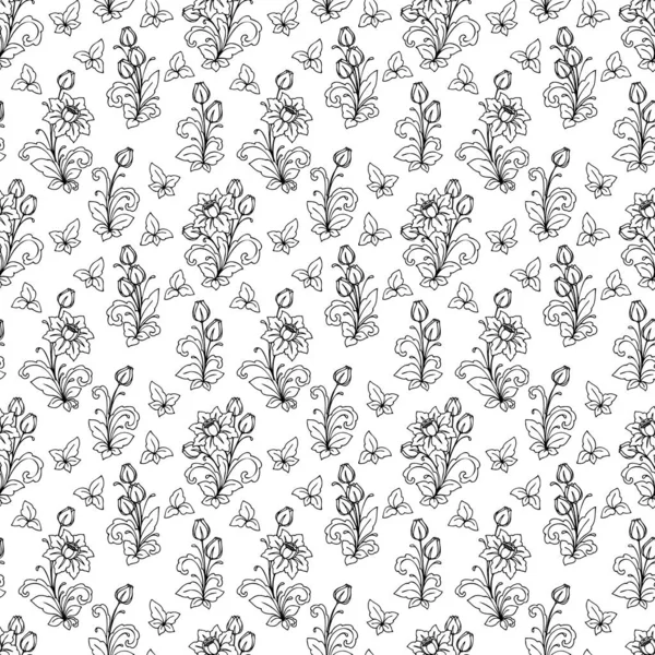 Seamless Pattern Monochrome Flowers Leaves — Stock Vector