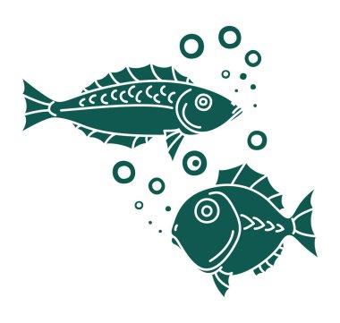 Stilize edilmiş balık ve baloncuklar. Elle çizilmiş bir balığın vektör çizimi.