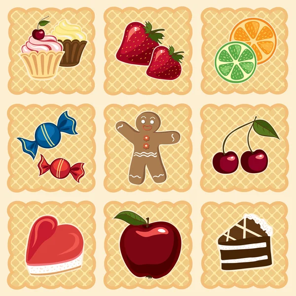 Set of sweets and fruit — Stock Vector