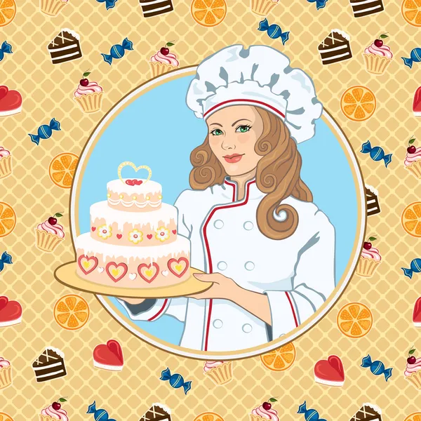 Сhef girl with a festive cake — Stock Vector