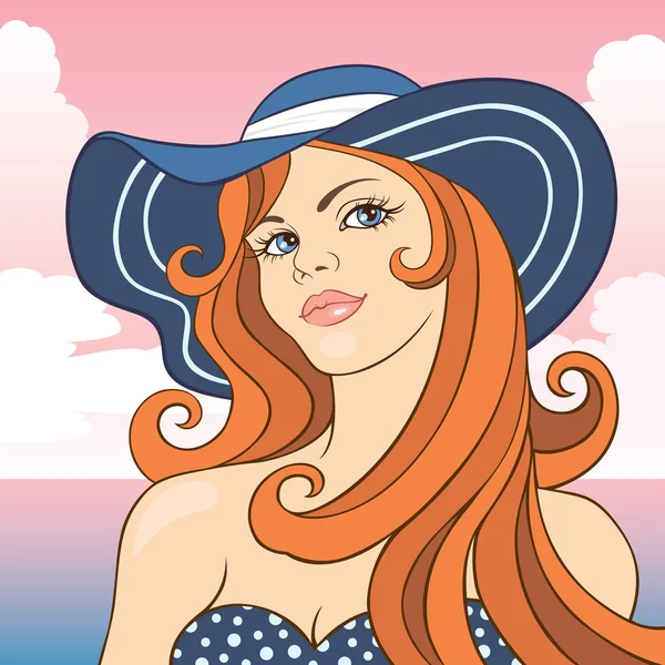 Belle fille aux cheveux roux dans un chapeau — Image vectorielle