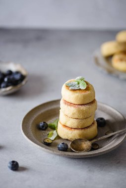 Pudra şekeri ve yabanmersinli cheesecake. Yüksek kalite fotoğraf