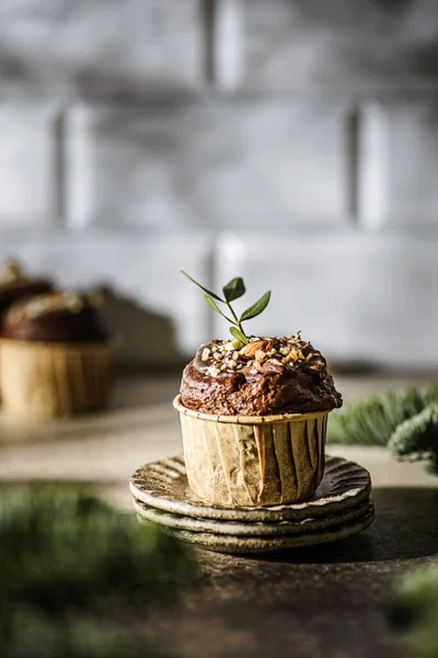 Muffin Mit Schokolade Und Nüssen Hochwertiges Foto lizenzfreie Stockfotos