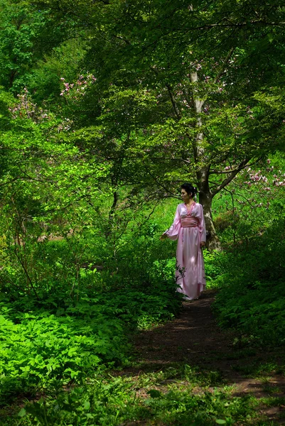 Japanese young woman in spring forest — Stock Photo, Image