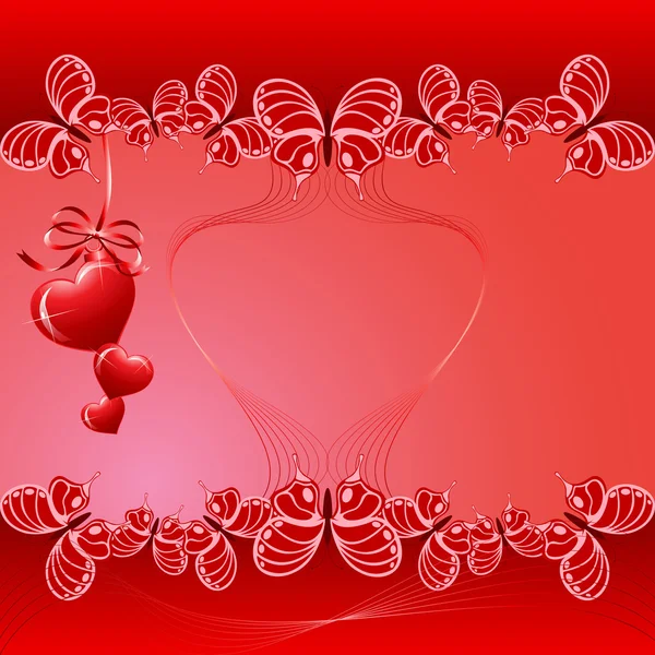 St. Valentine red butterflies and hearts card background — Stock Vector