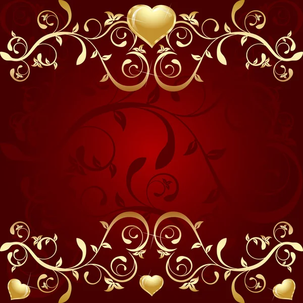 Red Background with golden leaf an hearts — Stock Vector