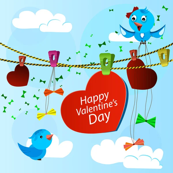 Biglietto nel giorno di San Valentino con cuore e uccelli blu — Vettoriale Stock