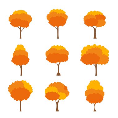 Yeşil ağaç verimliliği, Beyaz Arkaplanda çeşitli formlar, çeşitli ağaç kümeleri, dekorasyon bahçeleri ve ev tasarımları için ağaçlar. Vektör illüstrasyon ve simge