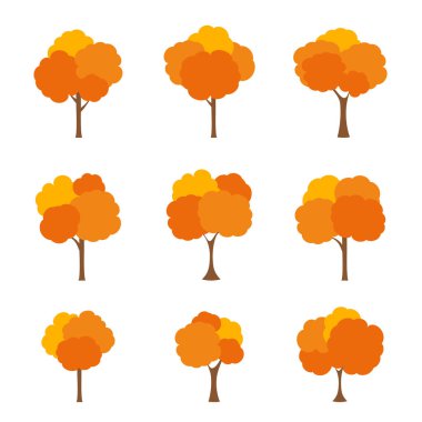 Yeşil ağaç verimliliği, Beyaz Arkaplanda çeşitli formlar, çeşitli ağaç kümeleri, dekorasyon bahçeleri ve ev tasarımları için ağaçlar. Vektör illüstrasyon ve simge
