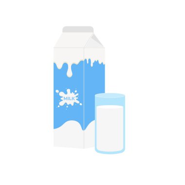 Süt ambalajı, beyaz süt, süt ürünleri arka planda. Simge, Vektör, illüstrasyon çizgi film biçimi.