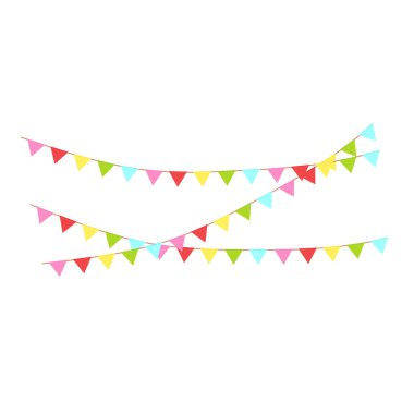 Mutlu yıllar, doğum günü partisi, renkli parti bayrakları, düz vektör illüstrasyonu ve simgeler