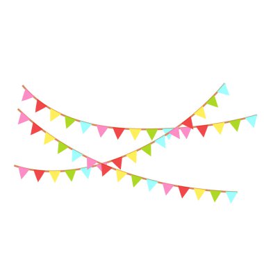 Mutlu yıllar, doğum günü partisi, renkli parti bayrakları, düz vektör illüstrasyonu ve simgeler