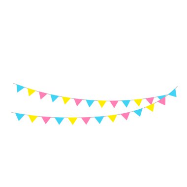 Mutlu yıllar, doğum günü partisi, renkli parti bayrakları, düz vektör illüstrasyonu ve simgeler