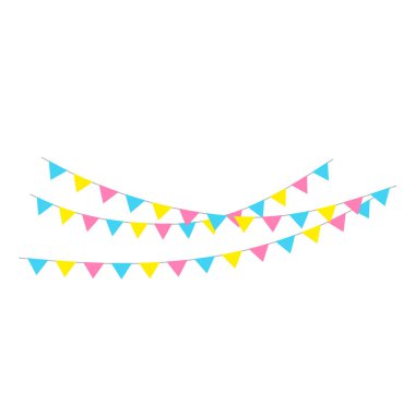 Mutlu yıllar, doğum günü partisi, renkli parti bayrakları, düz vektör illüstrasyonu ve simgeler