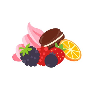 Meyve parfe ve çeşitli tatlılar, çörekler, kurabiyeler ve çikolatalarla süslenmiş meyveli krema..