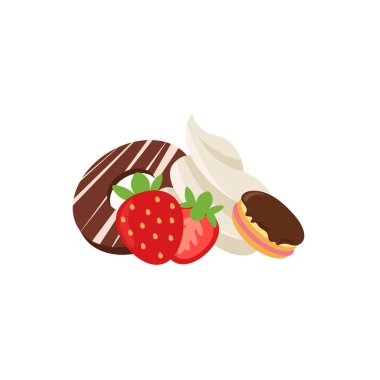 Meyve parfe ve çeşitli tatlılar, çörekler, kurabiyeler ve çikolatalarla süslenmiş meyveli krema..