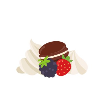 Meyve parfe ve çeşitli tatlılar, çörekler, kurabiyeler ve çikolatalarla süslenmiş meyveli krema..