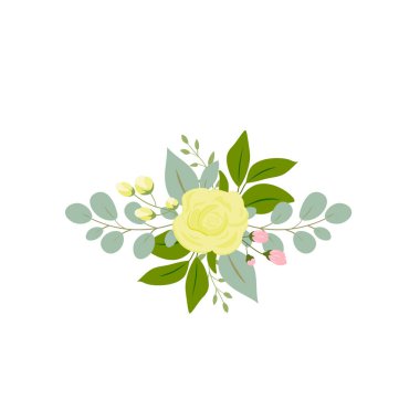 Pembe gül sarısı yeşil yapraklar düğün davetiyesi ve çiçek posteri