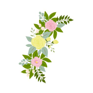 Pembe gül sarısı yeşil yapraklar düğün davetiyesi ve çiçek posteri