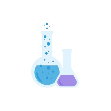 Laboratuvar kimyasal tüpleri hazır. Cam deney şişesi, tüpler ve şişeler, laboratuvar deneyleri için aletler, tutacakta şişeler, yakıcı. Kimya, tıbbi araştırma, bilim konsepti için vektör illüstrasyonu