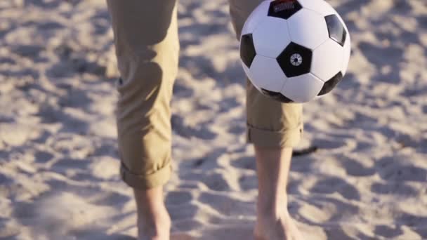 Close Man Kicking Soccer Ball Beach Guy Standing Sand Kicking — Wideo stockowe