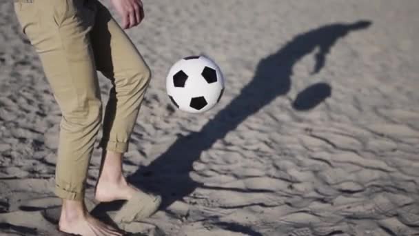 Young Man Playing Soccer Ball Beach Guy Standing Sand Kicking — Stockvideo
