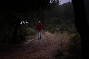 Hiker with red sweatshirt walking through the forest on a foggy day