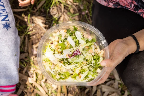 Frau isst Salat im Feld in Plastikbehälter — Stockfoto
