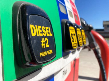 Selective focus. Gas pump diesel 2 button with blurred gasoline octane grade selection numbers and buttons. clipart