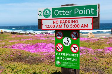 Otter Point 'te uyarı işaretleri. Arka planda bulanık mor pembe buz bitkisi çiçekleri var. - Pacific Grove, Kaliforniya, ABD - 2022