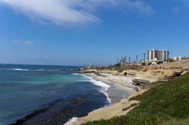 Pasifik Okyanusu 'nun sahil ve yamaçlı manzarası. Torrey Pines Eyaleti Doğal Rezerv ve Eyalet Parkı La Jolla San Diego California