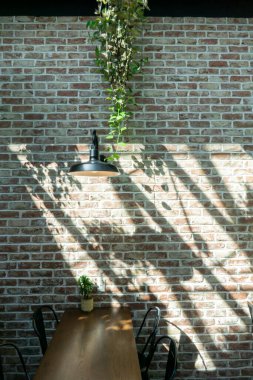 Kafe veya restoranın içinde tuğla duvar, asma bitkiler ve lambalar var.