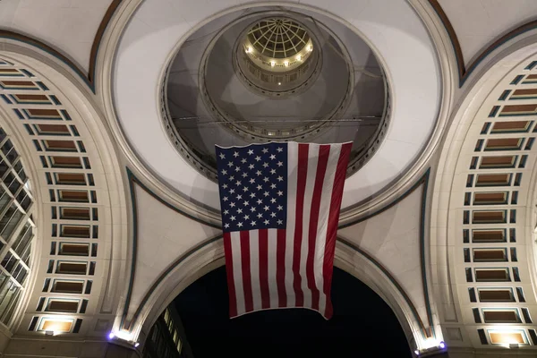 American Flag Hanging Night Doom Ceiling Boston Harbor Massachusetts — Stock Fotó