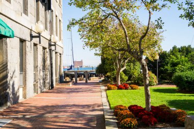 View of a sidewalk with facade of the building on one side and park with trees and flowers on the other side