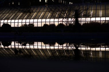 Cam bina ve ağaçlardan oluşan gölde yansıma. Sepya ya da siyah beyaz resim