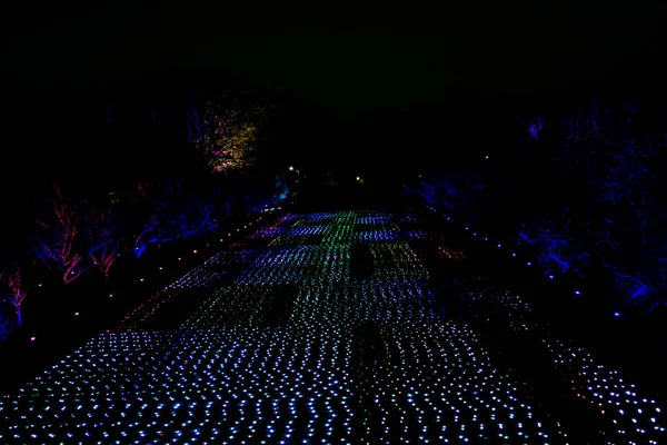 Camino Hecho Muchas Luces Colores Noche Perspectiva Atenuante Del Camino — Foto de Stock