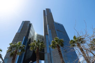 Önünde palmiye ağaçları olan çelik ve camdan yapılmış modern bir ofis binası. Düşük açı görünümü