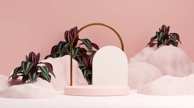 Ürün gösterimi için boş uzay mozaik podyum geometrik şekli ve yeşil doğa temasının üç boyutlu görüntülemesi