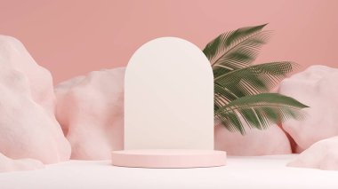 Ürün gösterimi için boş uzay mozaik podyum geometrik şekli ve yeşil doğa temasının üç boyutlu görüntülemesi