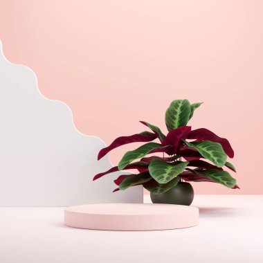 Ürün gösterimi için boş uzay mozaik podyum geometrik şekli ve yeşil doğa temasının üç boyutlu görüntülemesi