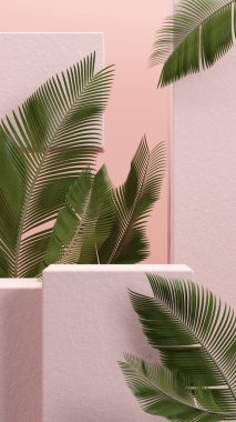 Ürün gösterimi için boş uzay mozaik podyum geometrik şekli ve yeşil doğa temasının üç boyutlu görüntülemesi