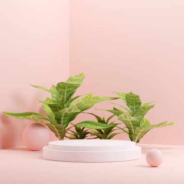 Ürün gösterimi için boş uzay mozaik podyum geometrik şekli ve yeşil doğa temasının üç boyutlu görüntülemesi