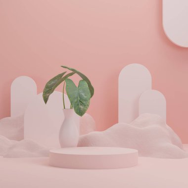 Ürün gösterimi için boş uzay mozaik podyum geometrik şekli ve yeşil doğa temasının üç boyutlu görüntülemesi