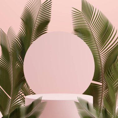 Ürün gösterimi için boş uzay mozaik podyum geometrik şekli ve yeşil doğa temasının üç boyutlu görüntülemesi