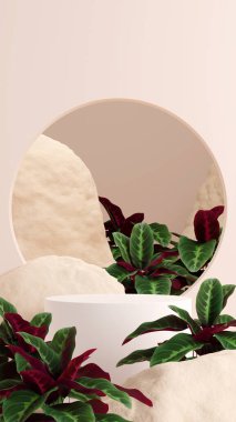 Ürün gösterimi için boş uzay mozaik podyum geometrik şekli ve yeşil doğa temasının üç boyutlu görüntülemesi