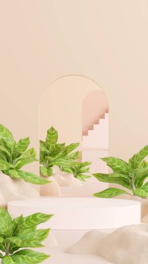 Ürün gösterimi için boş uzay mozaik podyum geometrik şekli ve yeşil doğa temasının üç boyutlu görüntülemesi