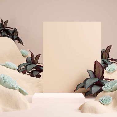 Ürün gösterimi için boş uzay mozaik podyum geometrik şekli ve yeşil doğa temasının üç boyutlu görüntülemesi